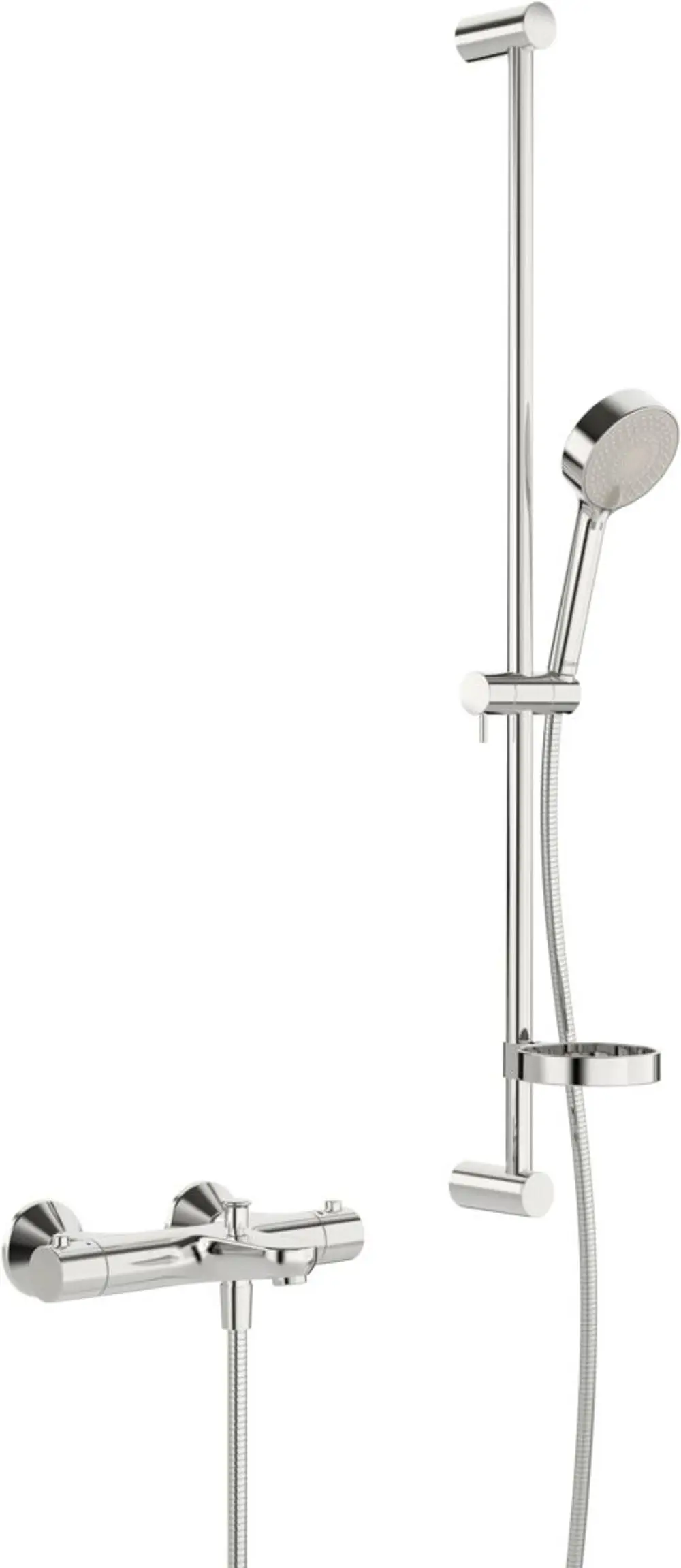Wandmontierte Dusche mit Handbrause und Auslauf von HANSA. Enthält eine Wandstangengarnitur und einen flexiblen Schlauch. Oberfläche in Chrom.